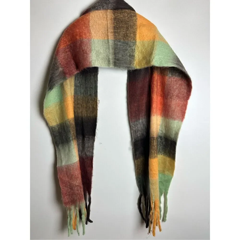 Yellow and Brown CHUNKY CHECKERED SCARF WITH FRINGE